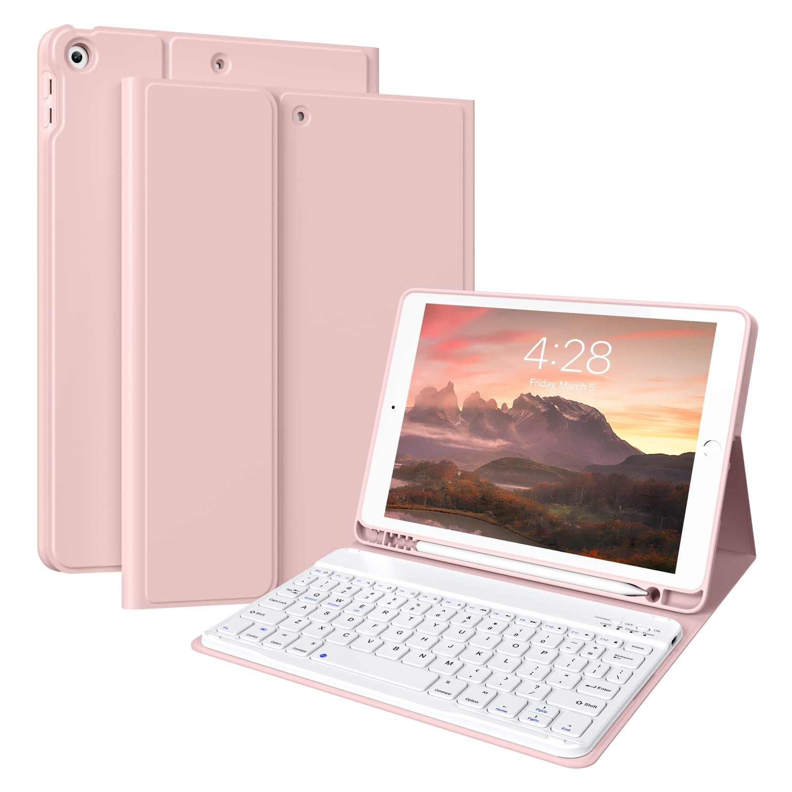 Aoub iPad 9th/8th/7th Generation Keyboard Case with Pencil Holder, Stand Folio Detachable Wireless Bluetooth Keyboard Cover, Soft TPU Back Smart Case for iPad 10.2 inch 2021/2020/2019, Pink