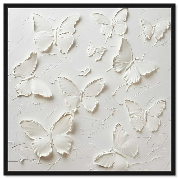 Butterflies In Ivory Canvas Elegant White Gold Wall Art by Art Remedy, Black Frame, 12" x 12"
