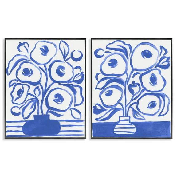 Stupell Industries Modern Blue Floral Vase Plants & Flowers Painting Black Framed Art Print Wall Art, 11 x 14, Set of 2