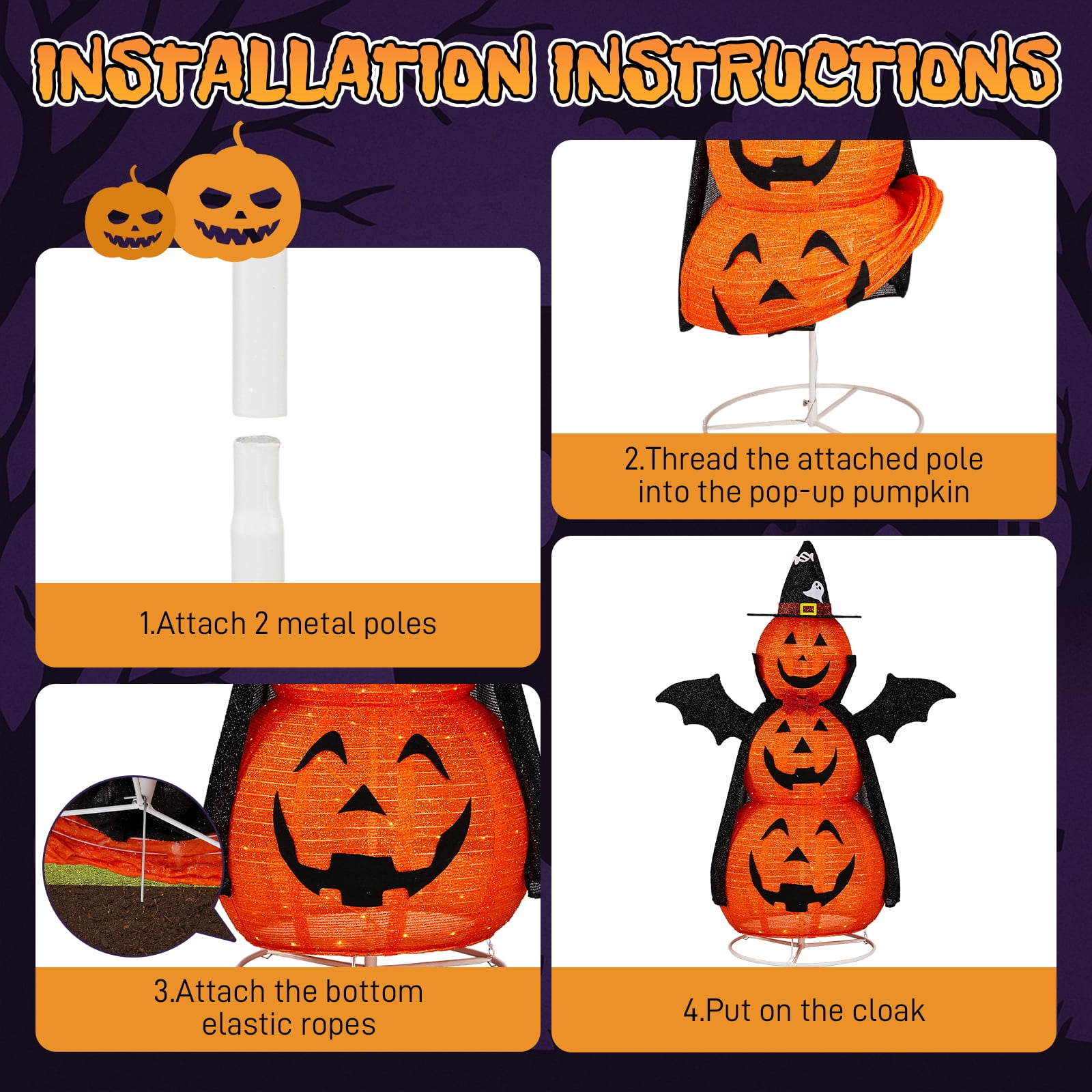 5ft Orange 3-Tier Retractable Fabric Pumpkin with 130 LED Lights for Halloween