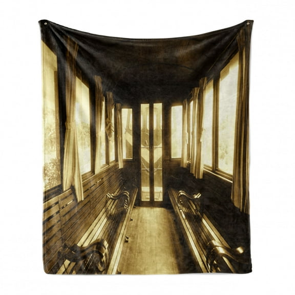 Antique Soft Flannel Fleece Throw Blanket, Old Vintage Train Salon Inside Historical Transport Windows Curtains Arch Shape, Cozy Plush for Indoor and Outdoor Use, 60" x 80", Sepia, by Ambesonne