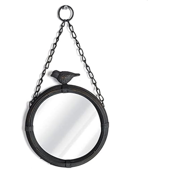 Shabby Chic Small Wall Mirrors Decor Decorative Metal Framed Hanging Round Mirror Vintage Rustic with Sparrow for Bathroom Living Room Office, Antiqued Black