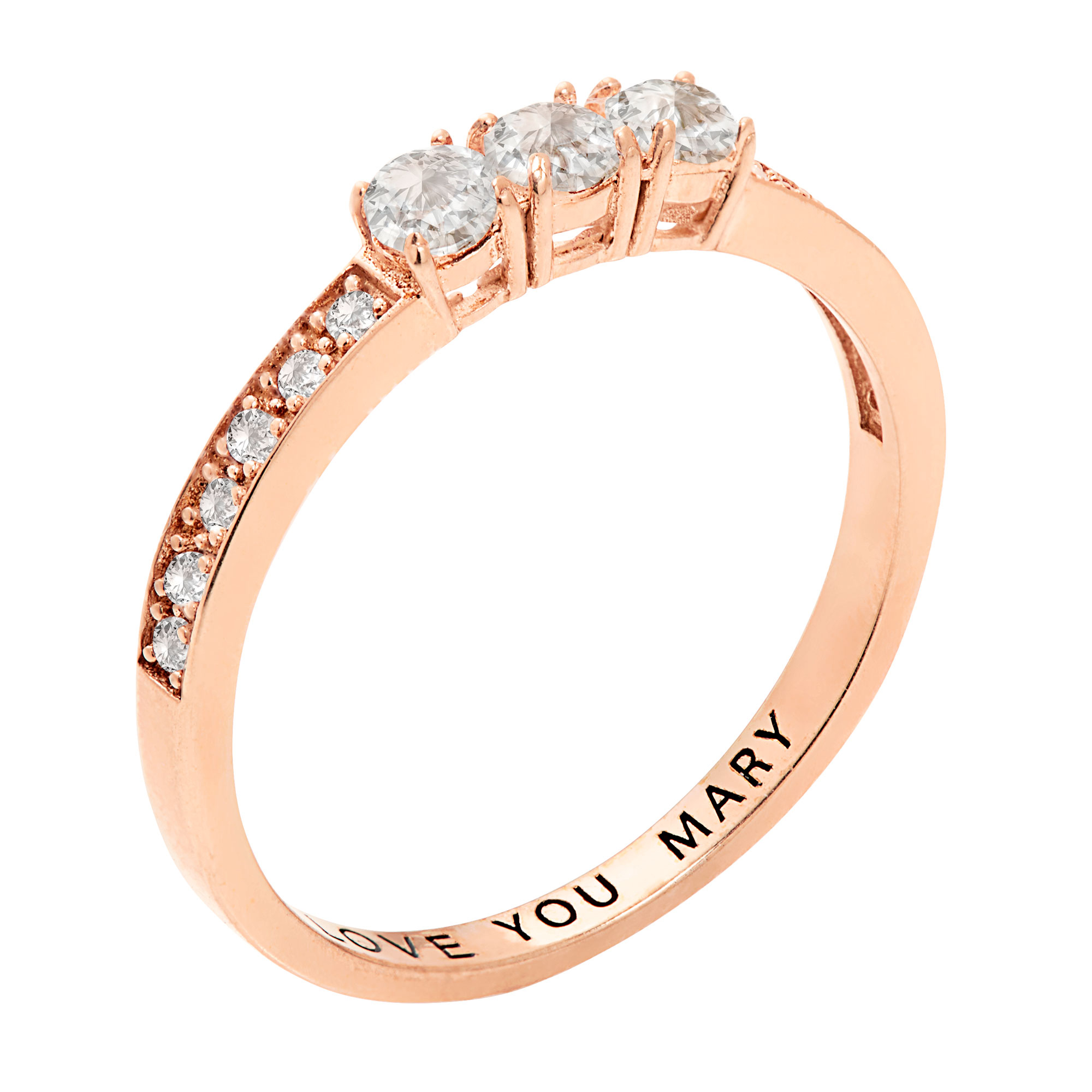 Personalized Planet 14K Rose Gold over Sterling Silver Three Stone Engraved Wedding Ring White Topaz one size Women's