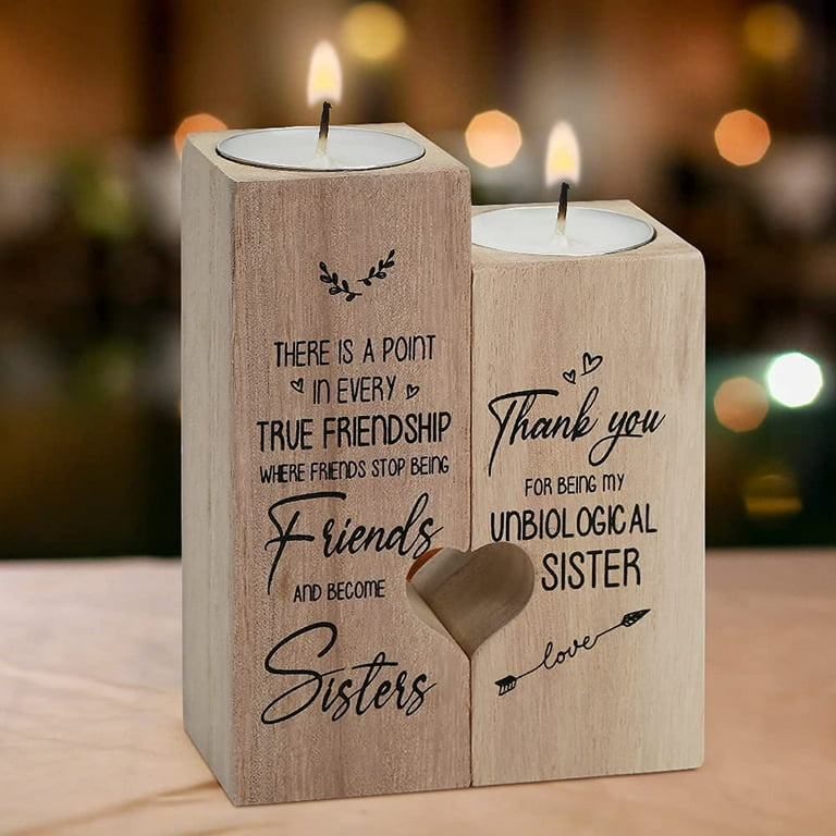 Wooden Candle Holder, Friendship Gifts for Women Friends to My Bestie Gifts  for Women Friendship Birthday Personalized Heart Shaped Candlestick Holders  - Thank You for Being My Unbiological Sister 