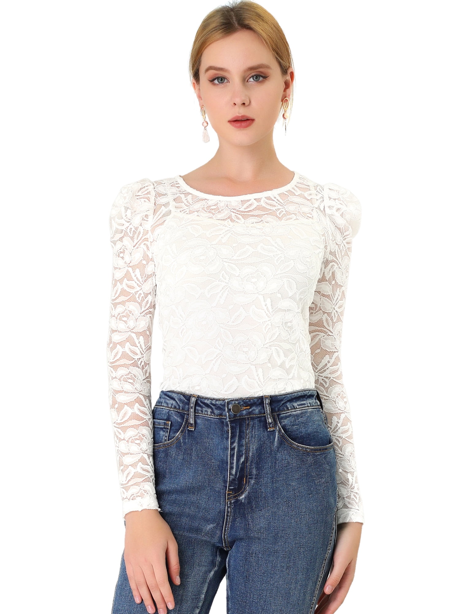 DARING DIVA Semi Sheer Puff Sleeve Vintage Top 3XL White