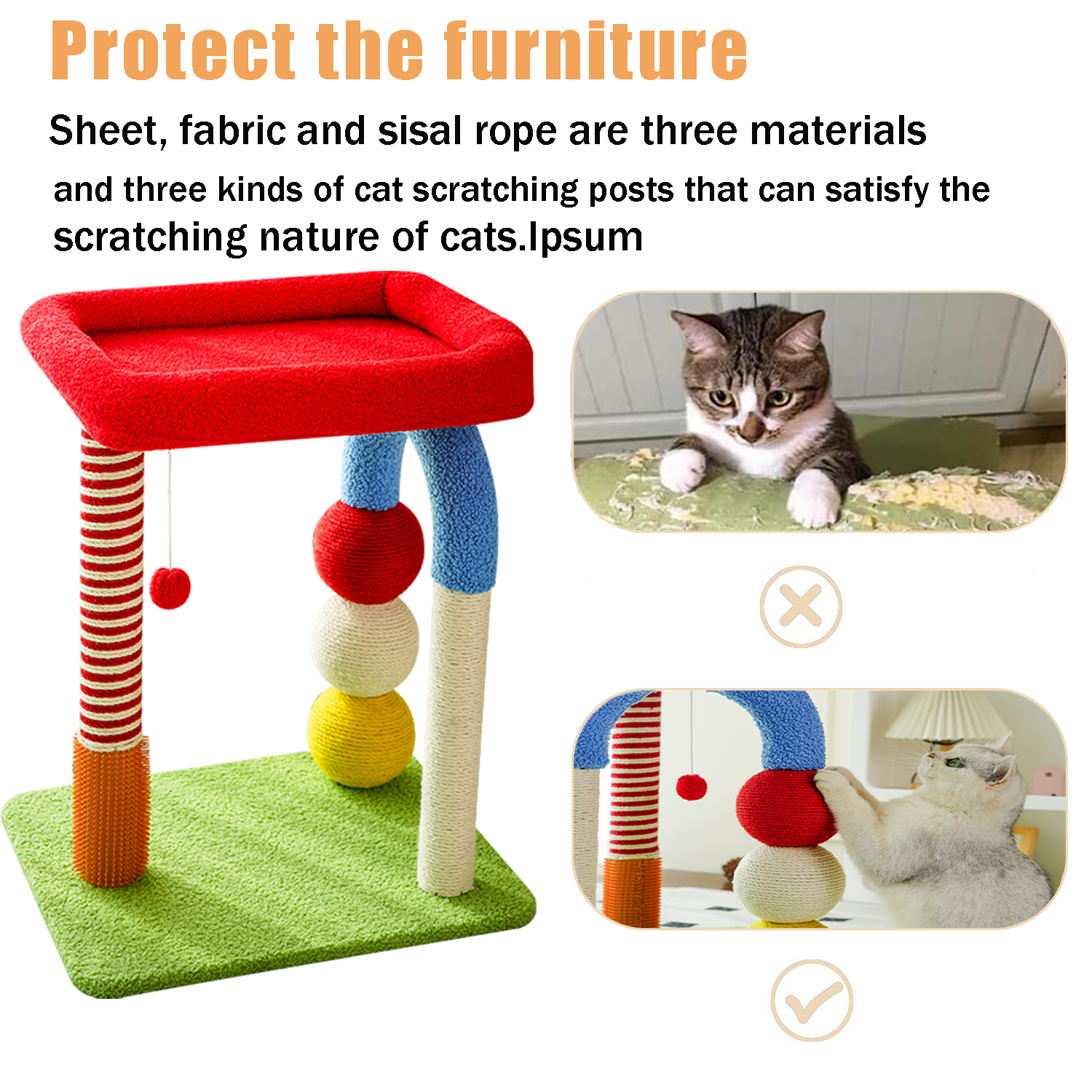 Small U-Shaped Cat Tree- Sisal Rope Scratching Post, Toy Ball, Cat Self-Groomer, Top Perch for Small/Medium Cats, Multi-Cat Homes-Colorful（24in）