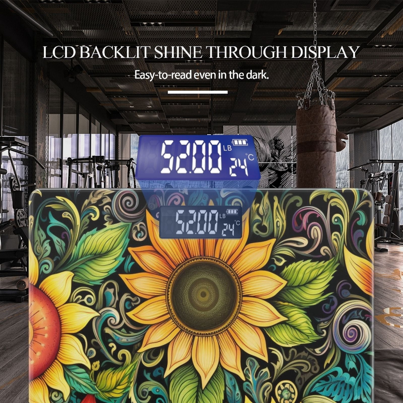 Digital Bathroom Scale with Large LCD Display,High Capacity Scale 400 lbs High Precision body fat scale-Colorful Drawing Of Sunflowers And Leaves Swirls On Black Background