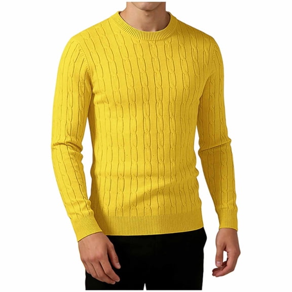 biudgviw Men's Crewneck Pullover Sweater Textured Long Sleeve Knit Tops Comfy Slim Warm Casual Sweaters Winter Clothes(Yellow,X-Large)