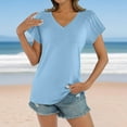 thumbnail image 5 of DeHolifer T-Shirts for Women V-Neck Solid Color Short Sleeve Pleated Summer Trendy Pullover T-Shirts Light Blue L, 5 of 8