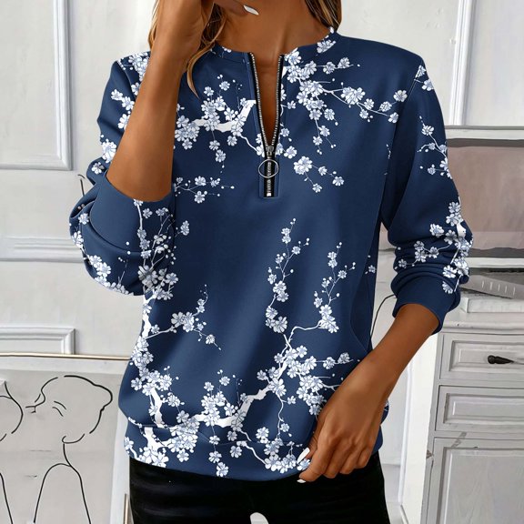 Cutuoiiu Women's Loose Round-neck Half Zip up Sweatshirt Dressy Floral Print Long Sleeve Shirts Gifts