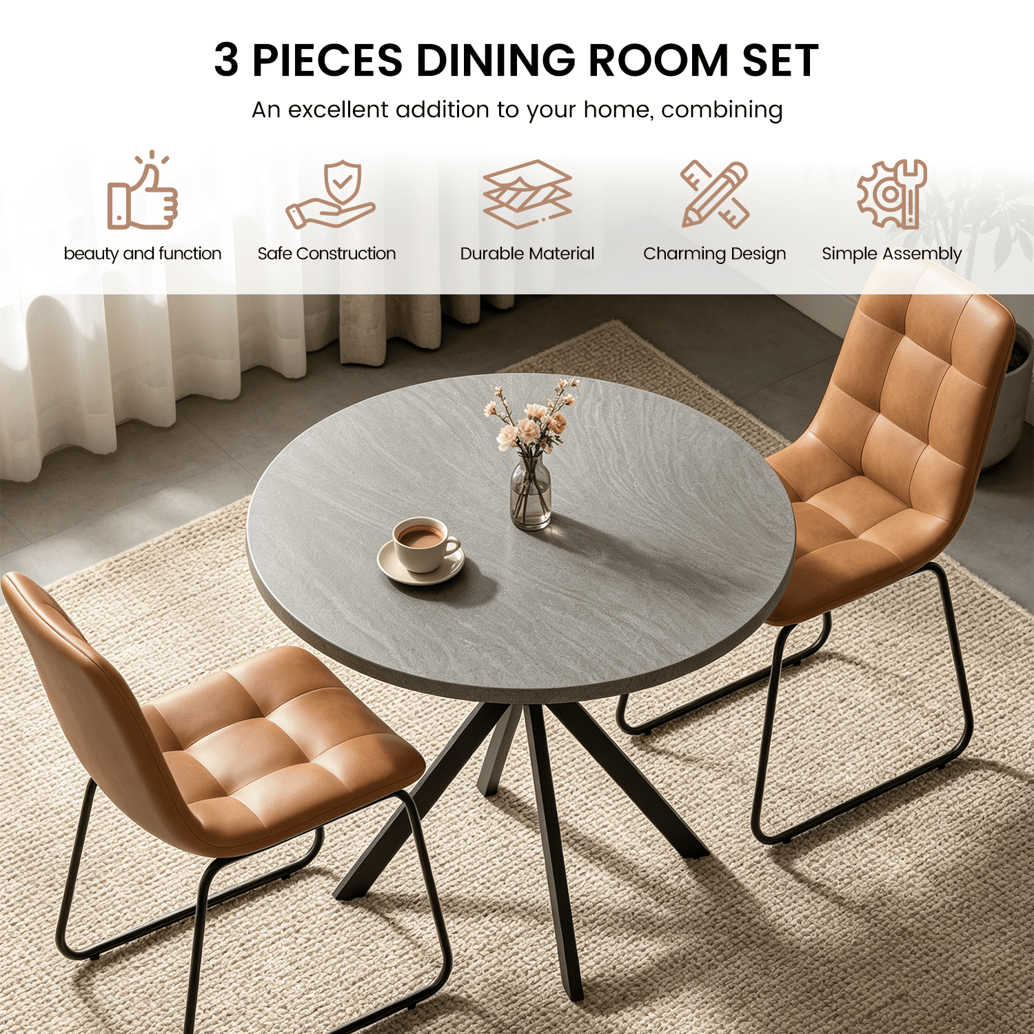 31.7" Round Dining Table Set for 2,3-Piece Modern Round Dining Set,Small Dinette Sets for Living Room, Dining Room, Kitchen