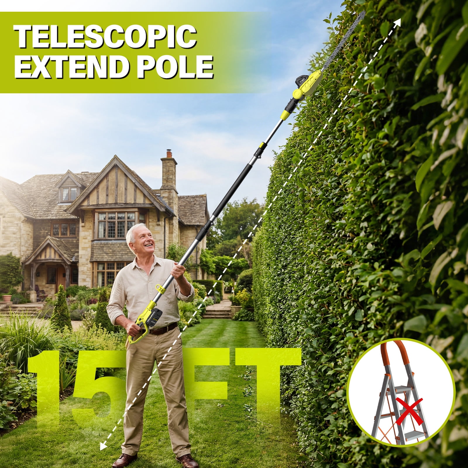 20V MAX Cordless Pole Hedge Trimmer – 20-inch Electric Battery Hedge Trimmer with 9 Ft. Reach, Multi-Angle Head & Extension Pole for Shrub Pruning (Includes 2x 2.0Ah Batteries & Charger)