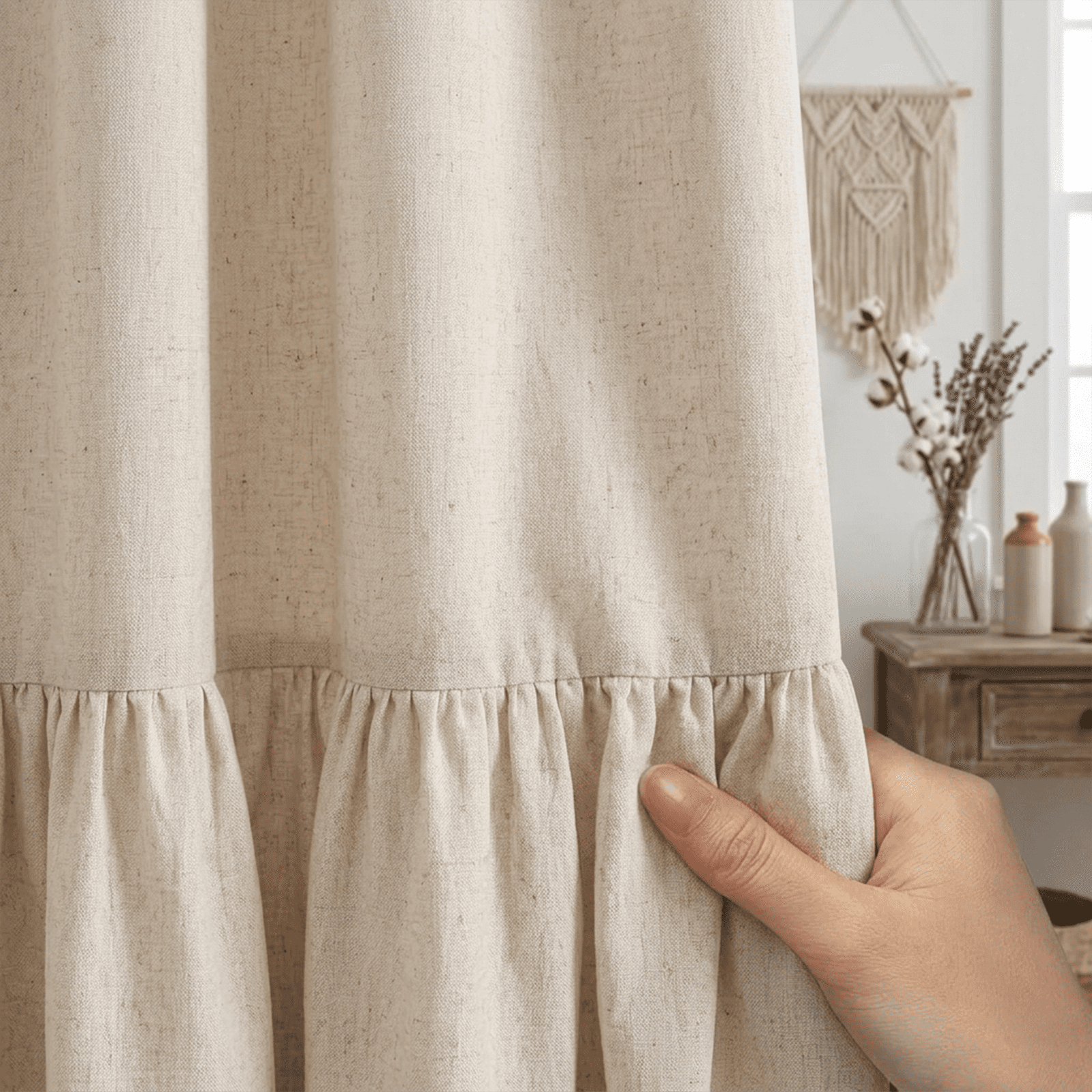 NixiYa Farmhouse Shower Curtain Ruffle Linen Shower Curtain for Bathroom Beige 72"x72"