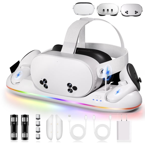 Pecham VR Charging Dock Fit for Meta Quest 3/Quest 3S/Quest 2, RGB Magnetic Charging Station for VR Headset & Controllers, Fast Charging Station with 2x2100mAh Rechargeable Batteries