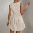 thumbnail image 4 of Women's Rib Knit Round Neck Frill Trim Flowy Shift Sleeveless Tank Mini Short Dress Beige XL, 4 of 6