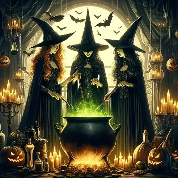 Three Witches Diamond Art Painting Kits for Adults,5D Diamond Painting Dots Art Kits for Adults Beginner, DIY Full Round  Art Paint by Diamond, Home Wall Decor 14x 14 in