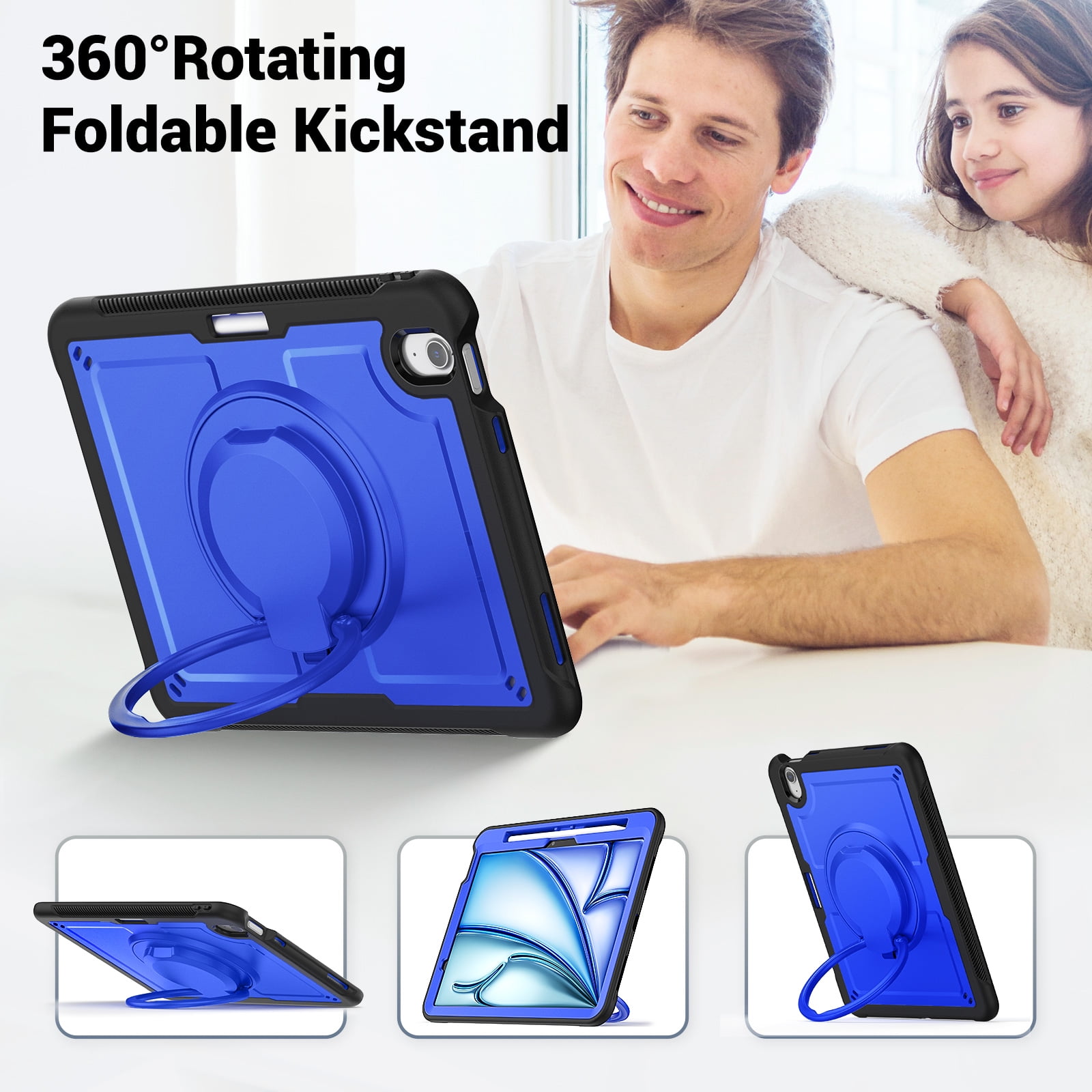 Shockproof Case for Apple iPad Air 11 Inch M3 M2 2025/2024, Rugged Hybrid Protective Cover with Pencil Holder & Shoulder Strap Kids Friendly Rotating Kickstand Case for iPad Air 11 Inch, Darkblue