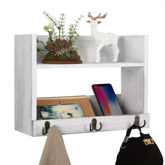 A 11.8 Inches High Double Wall Mounted Shelf with Hooks, Easy to Install, Large Capacity, Sturdy And Durable, Suitable for Living Room, Bedroom, Kitchen, Bathroom., Utility Racks