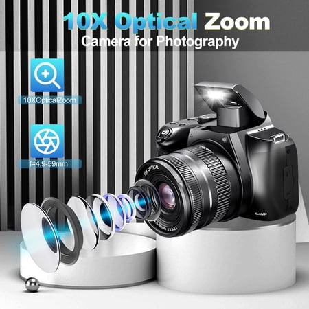 4K Digital Camera For Photography 10X Optical Zoom Vlogging Camera For YouTube 64MP Autofocus Compact Camera With 64GB SD Card Battery *2 USB Card Reader & Charging Stand