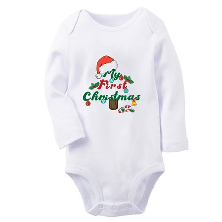

My First Christmas Funny Rompers Newborn Baby Unisex Bodysuits Infant Jumpsuits Toddler 0-12 Months Kids Long Sleeves Oufits (White 0-6 Months)