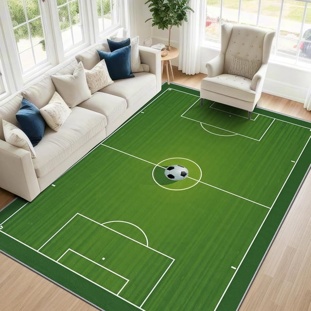 Sports Field Area Rugs, Soccer Football Pitch Carpet, Washable Non Slip Low Pile Soft Rug for Living Room Bedroom Decor Mat 4x5ft