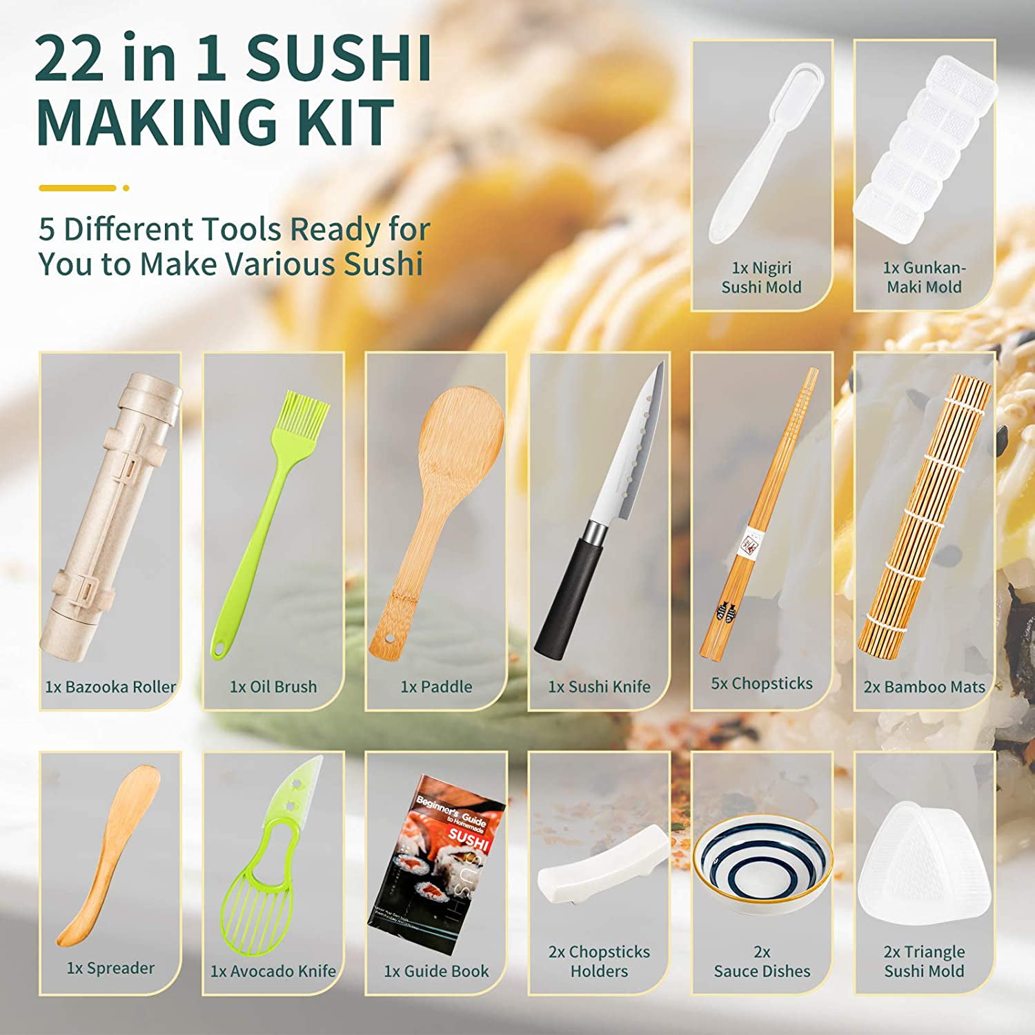 21 in 1 Bamboo Sushi Kit with Sushi Bazooka Avocado Slicer Sushi Knife Spreader ZWCEGND Sushi Making Kit Dish Chopsticks and Holder-DIY Sushi Bazooka Kit Bamboo Sushi Mat Nigiri Mold Paddle
