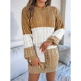 thumbnail image 5 of Women'S Autumn Winter Elegant Patchwork Lantern Sleeve Cable Knit Sweater Dress Khaki M, 5 of 7