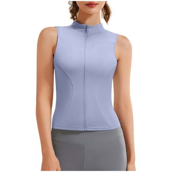 Ohufall Athletic Running Tank Tops for Women Fashion Solid Casual Sleeveless Workout Shirts Summer Stretchy Slim Fit Zipper Round Neck Gym Sport Blouses Tops