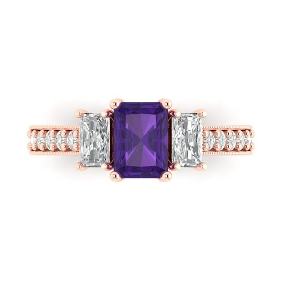 Three-Stone Engagement Ring for Women - 1.88ct Natural Amethyst in 18K Rose Gold Promise Ring