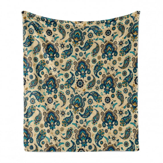 Paisley Soft Flannel Fleece Throw Blanket, Colorful Vintage Floral Teardrop Oriental Paisley Retro Design, Cozy Plush for Indoor and Outdoor Use, 70" x 90", Yellow Blue Cream, by Ambesonne
