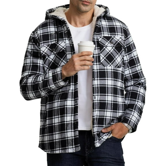 GrmtClth Men's Fleece Jackets Plaid Fleece Sherpa Lined Hooded Jacket Coats Zip Up Midweight Warm Outerwear Big & Tall Outdoor Long Sleeve Jacket Black M