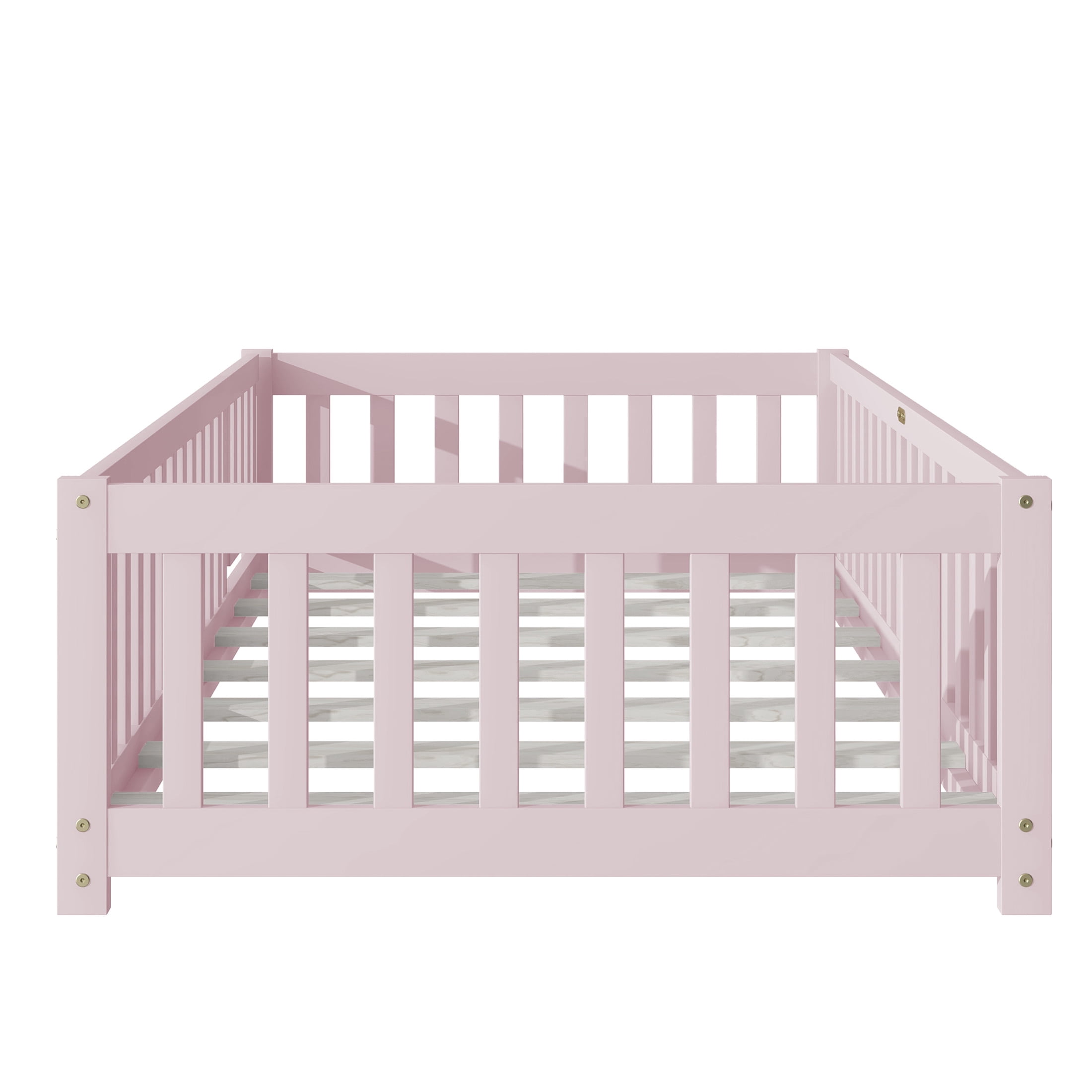 Noble House Mira Twin Floor Bed with Fence and Door, Sturdy Rubber Wood Montessori Bed Frame, Kid's Room, Pink