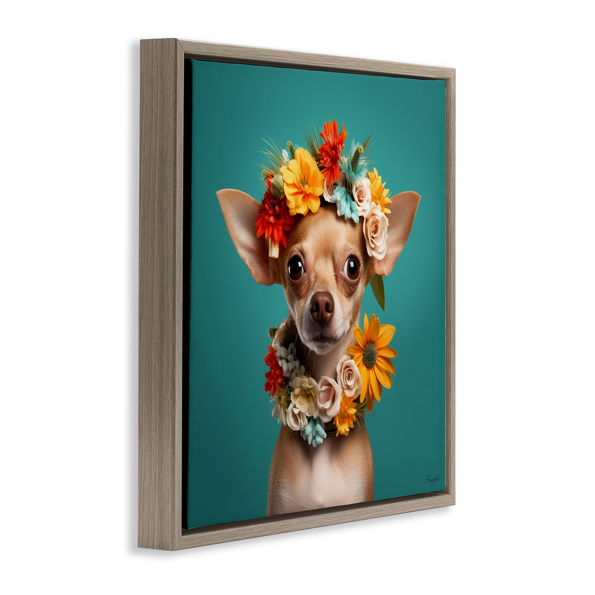 Stupell Industries Floral Chihuahua Portrait Animals & Insects Painting Brown Floater Framed Canvas Art Print Wall Art, 25 x 25
