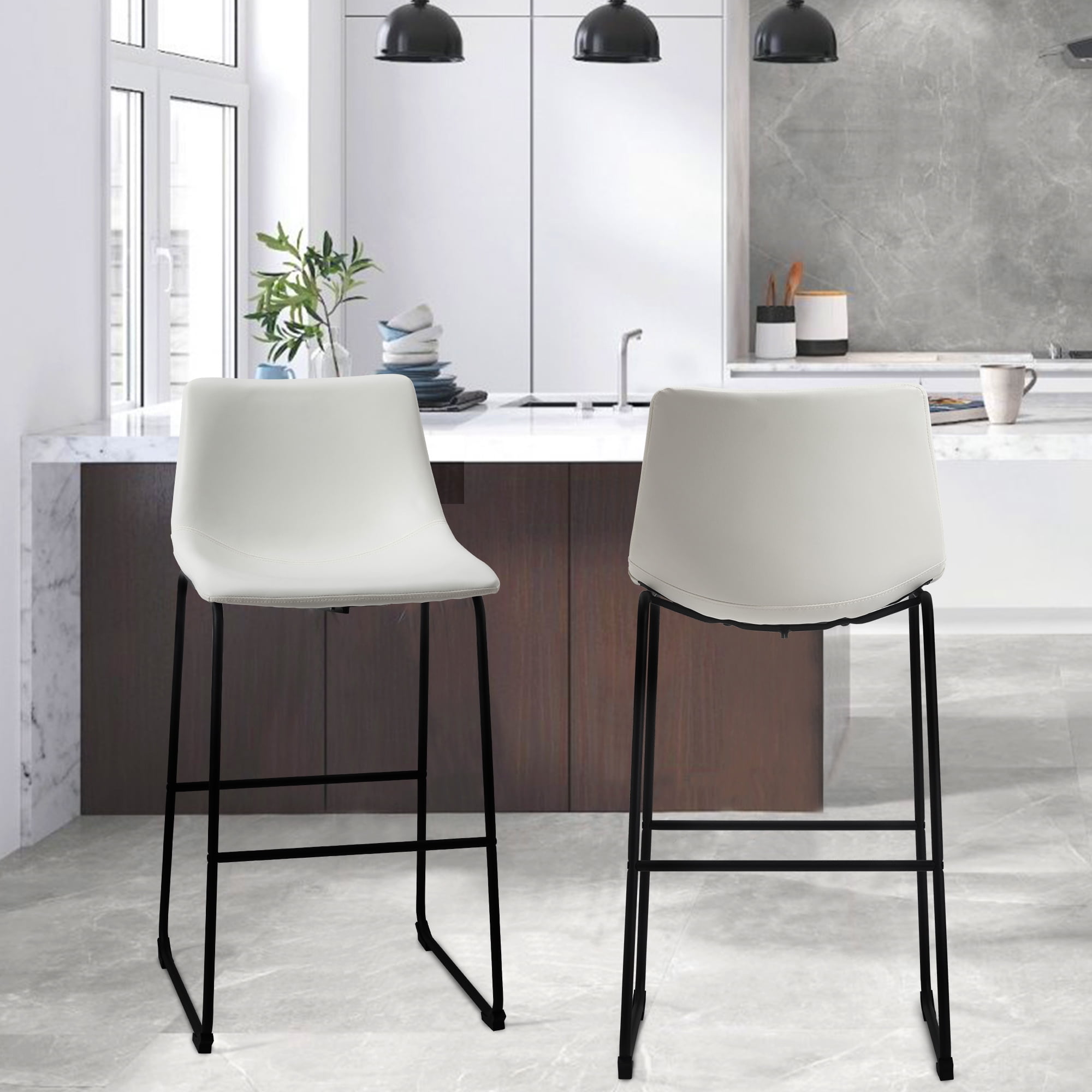 Set of 2 Fabric Bar Stools Low Back Counter Height Bar Stool with Leather Pub Chairs Height 39" White