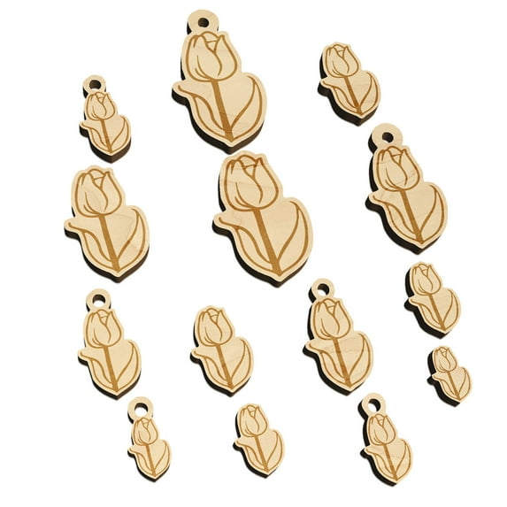 Hand Drawn Tulip Flower Doodle Wood Mini Charms Shapes DIY Craft Jewelry - With Hole - 18mm (17pcs)