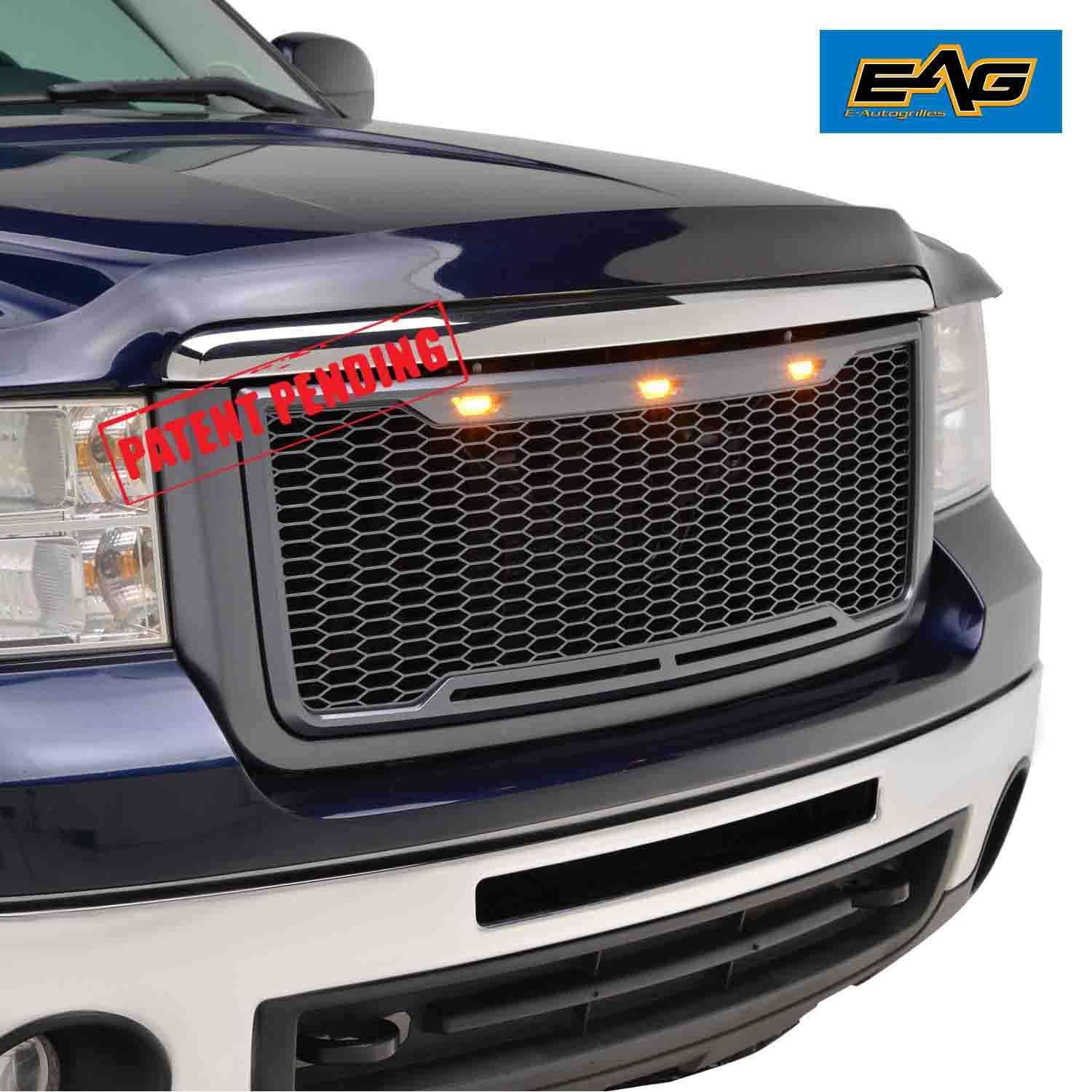 Matte Black for 07-10 GMC Sierra 2500/3500 Heavy Duty EAG Replacement Sierra Upper Grille Front Mesh Grill With Amber LED Lights 