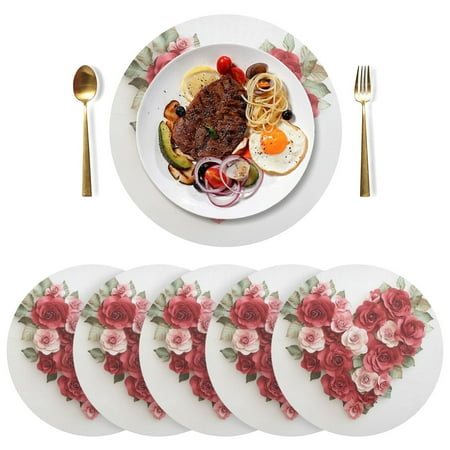 

Round Placemats Plate Mats 15 Inch Non-Slip Heat Resistant Washable PVC Set Table Decoration for Kitchen Dining Heart-shaped Red Roses