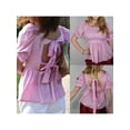 thumbnail image 3 of Suagox Women's Summer Peplum Tops Solid Color Short Puff Sleeve Rectangle Neck Bow Tie Back Blouse, 3 of 9