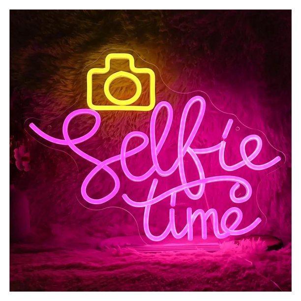 Selfie Time Letrero De Neón Cámara Luz Brillo Ajustable Alimentado Por USB Para Estudio Fotográfico Habitación Decoración De Fiesta 38cm×29cm