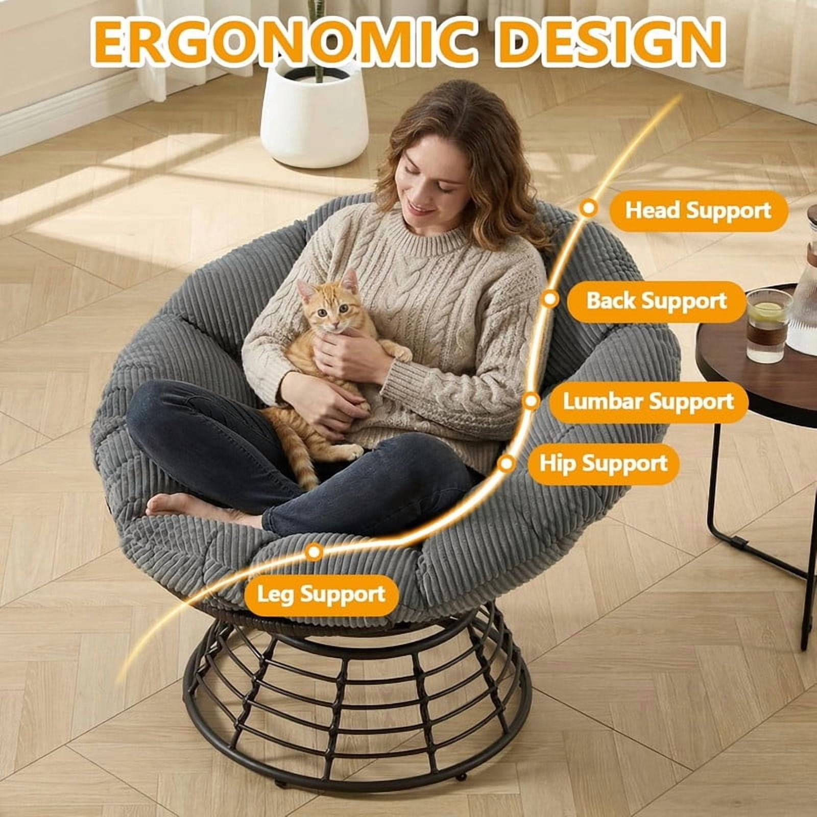 Ergonomic Wicker Papasan Chair, 360° Swivel Chair with Soft Thick Cushion for Living Room, Bedroom, Reading Room