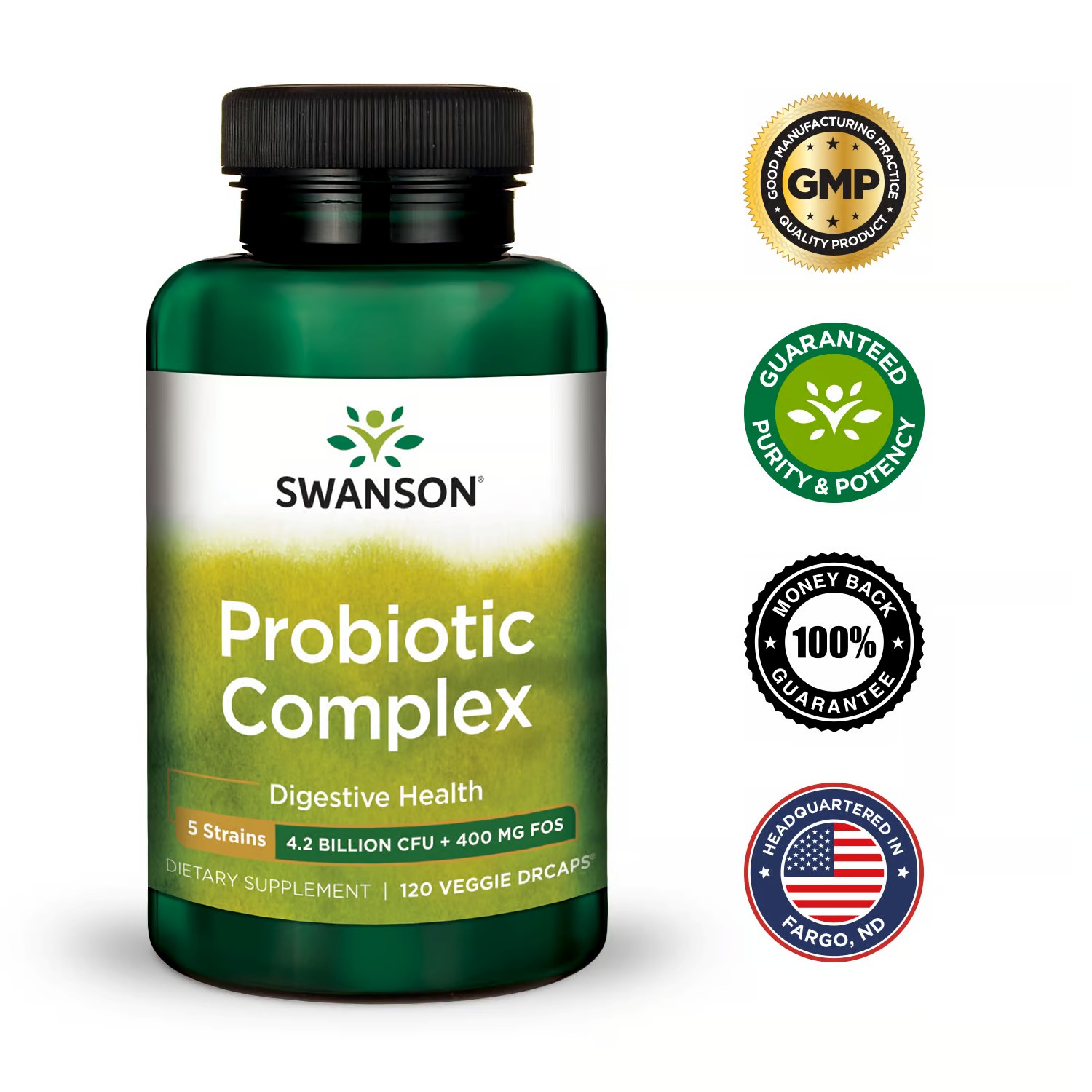 Swanson Probiotic Complex 4.2 Billion CFU 5-Strain Digestive Health Fat Metabolism Satiety Prebiotic FOS Complex Supplement 120 Veggie DRcaps (2 Pack)