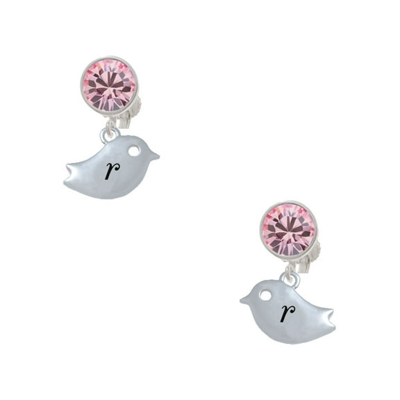 Delight Jewelry Silvertone Little Bird Initial - R - Pink Crystal Clip on Earrings