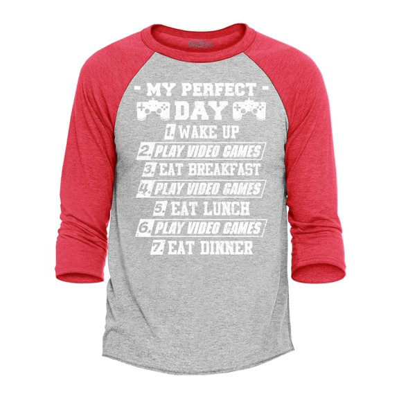 Shop4Ever Men's My Perfect Day Video Games Gamer  Raglan Baseball Shirt Medium Heather Grey/Red