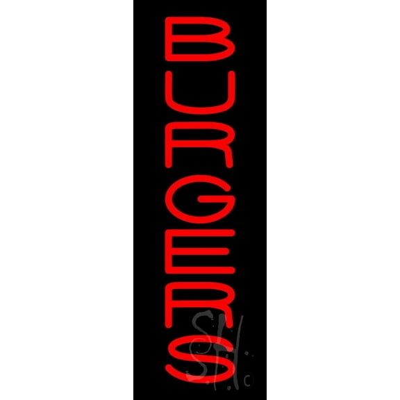 Vertical Red Burgers LED Neon Sign 24" Tall x 8" Wide, Clear Edge Cut Acrylic Backing, with Dimmer - Bright and Premium built indoor LED Neon Sign for restaurant window and interior decor.