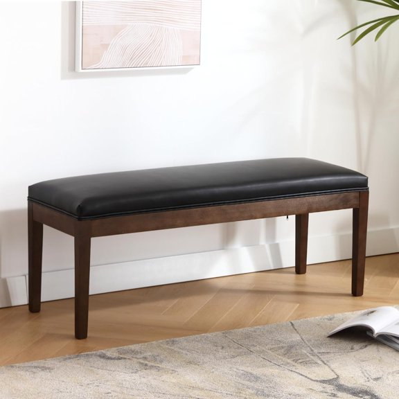 PU Leather Entryway Bench Farmhouse Dining Benches Upholstered Bedroom Bench Shoe Bench Seat for Hallway Living Room Bedroom End of Bed, 16" D x 45.5" W x 18.75" H, Black