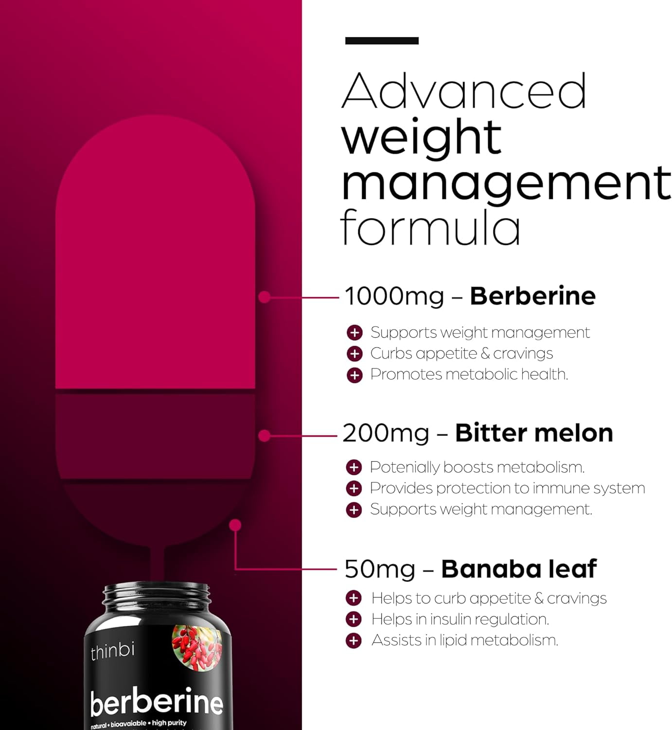 Thinbi Berberine Supplement 1000mg Weight Management, 60 Capsules