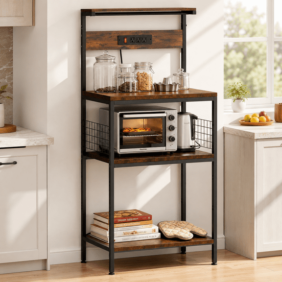 Modern Bakers Rack with Built-in Power Outlets, Kitchen Microwave Stand Storage Rack, 5-Tier Coffee Bar Station with Hooks