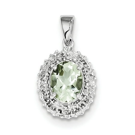925 Sterling Silver Rhodium Green Quartz & Diamond (12x23mm) Pendant / Charm