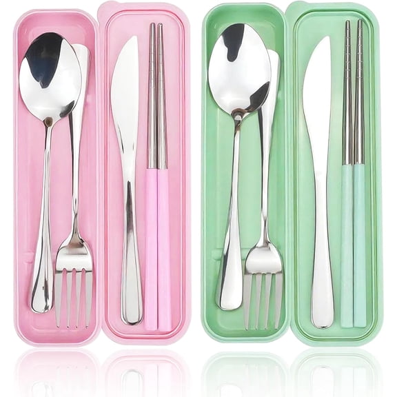TIE-DailyNec 2 Pcs Reusable Travel Utensils with Case, Stainless Steel Cutlery Set for Adults, Ideal for Work, Camping and Daily Use (Pink Green)