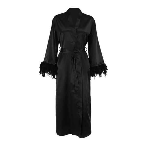 Tao Tao Satin Kimono Robe Long Silky Bath Robe with Ostrich Feather Trim Sleepwear Wedding Bridesmaid Robe Black S